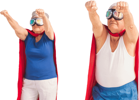 Senior Couple Pretending as Superheroes with Transparent Background