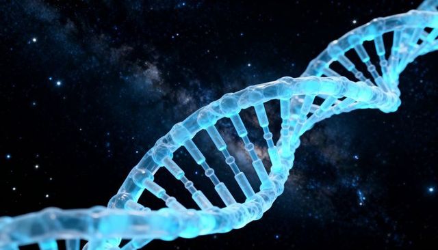 Glowing blue dna double helix twisting in cosmic starfield molecular genetics concept