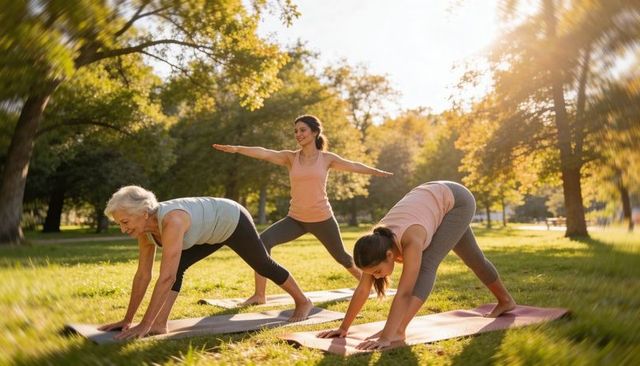 Practicing outdoor yoga with multigenerational women in sunlit park for wellness