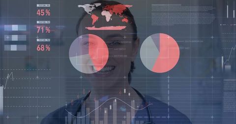 Smiling clinician wearing dark scrubs and stethoscope with digital healthcare analytics overlay