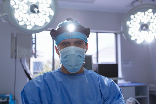 Male surgeon standing in an operating room, wearing a surgical headlight and mask. Ideal for use in medical articles, healthcare promotions, hospital websites, and educational materials related to surgery and healthcare professions.