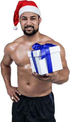 Festive Muscular Man Holding Gift with Santa Hat Transparent