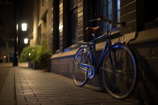 Vintage bicycle resting against building on quiet urban street at night. Suitable for depicting serene city scenes, urban mobility, and nostalgic retro themes.