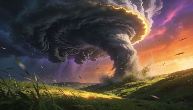 Roaring supercell tornado carving through golden grassland under dramatic orange sunset sky
