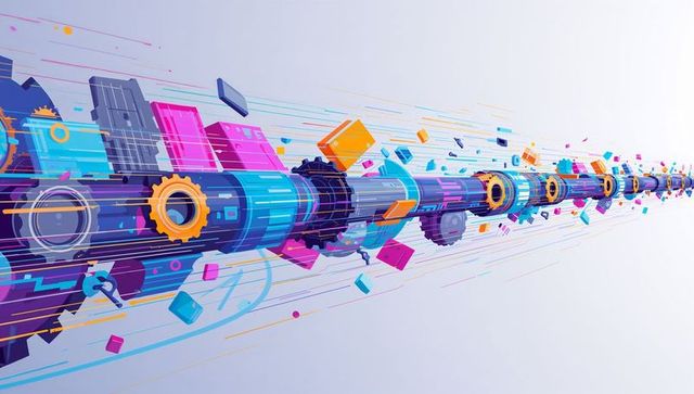 Neon data pipeline streaming through futuristic mechanical gears and floating tech blocks