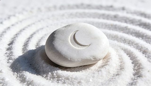 Zen crescent pebble on raked white granules macro close-up for spa and mindfulness