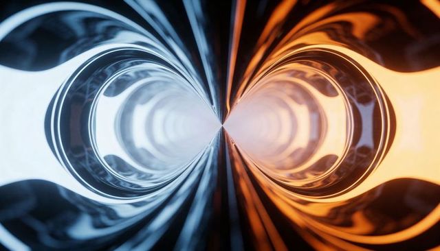 Mirrored chrome tunnel converging to vanishing point in blue orange duotone