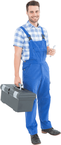 Smiling Repairman in Blue Overalls Holding Toolbox on Transparent Background - Download Free Stock Videos Pikwizard.com