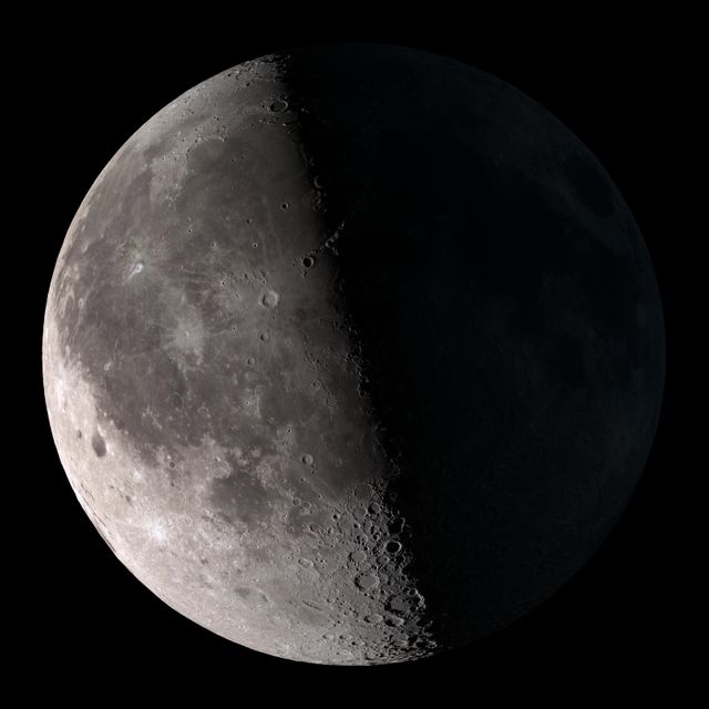 This detailed visualization showcases the third quarter moon with its surface intricacies highlighted by the terminator line. Ideal for educational materials, space exploration topics, and scientific publications.