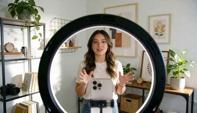 Recording vlogger speaking to smartphone with ring light in minimal home office