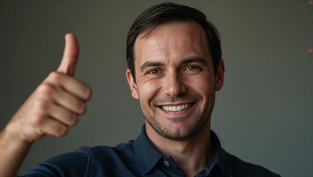 Confident smiling man giving thumbs up closeup portrait for business approval and trust