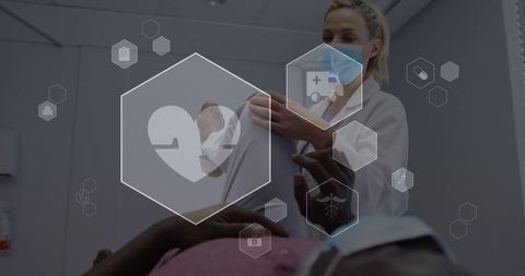Clinician examining patient knee with digital healthcare interface overlay