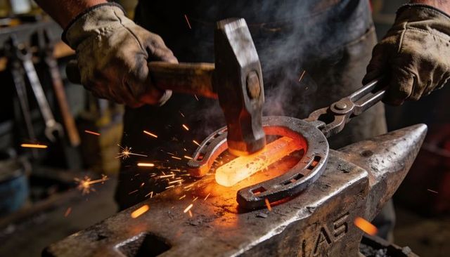 Blacksmith hammering glowing horseshoe on anvil producing sparks and molten metal glow