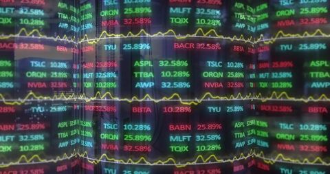 Neon stock ticker wall displaying live percent changes and market graph lines