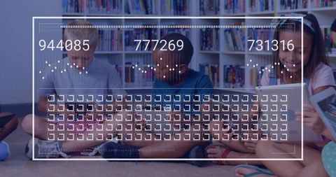 Children using tablets in library with digital data overlay showing coding and e-learning