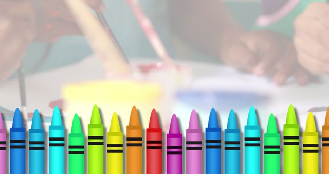 Image shows a row of colorful crayons with children drawing in the background. Ideal for educational content, children's art activities, classrooms, learning environments, preschool activities, and art supply advertisements.