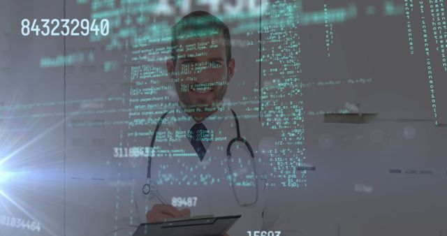 Image of changing numbers and computer language over biracial doctor writing on notepad. Digital composite, multiple exposure, growth, coding, medical, healthcare and technology concept.