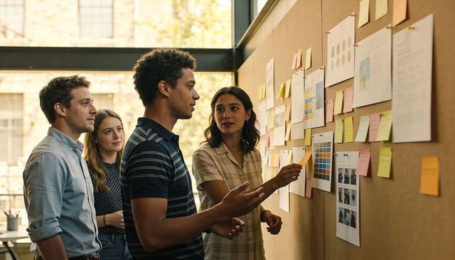 Creative team collaborating around corkboard with color swatches and sticky notes