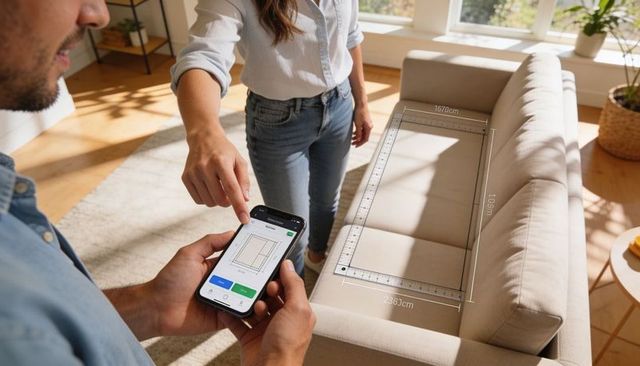 Couple Using AR Measurement App on Smartphone Measuring Beige Sofa in Sunlit Living Room