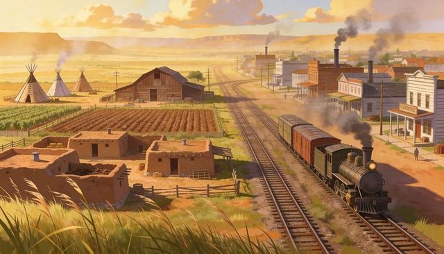 Chugging steam locomotive pulling freight past frontier town with adobe homes and teepees