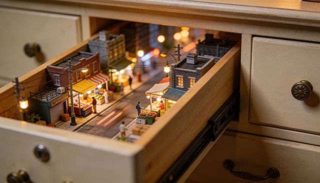 Miniature market drawer diorama lighting street with lit stalls, vendors and figurines