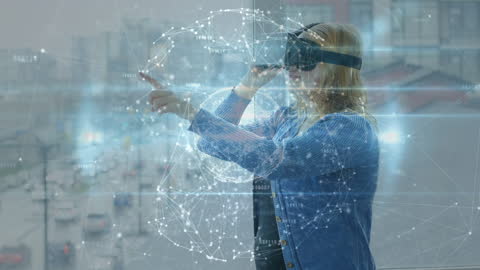 Woman Using VR Headset in Office for Global Networking