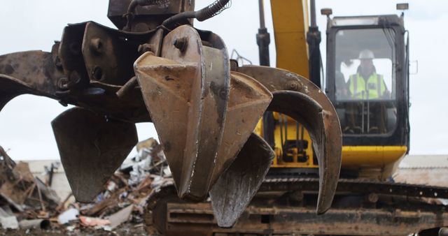 This depicts a close-up view of an excavator's claw lifting scrap metal debris at a construction or demolition site. Dust and remnants are scattering around, indicating active work. Ideal for illustrating themes of construction, industrial work, heavy machinery operation, demolition activities, and recycling processes.