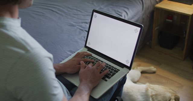 Man Typing on Laptop at Home with Pet Dog Resting Nearby - Download Free Stock Images Pikwizard.com