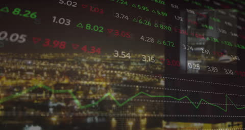 Dynamic Stock Market Data Over Cityscape Background