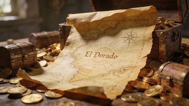 Aged parchment el dorado map unfurling on treasure-laden wooden table with compass rose