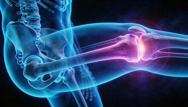 Translucent Lower Torso Skeleton Showing Pelvis, Femur and Knee Joint with Inflamed Cartilage Glow