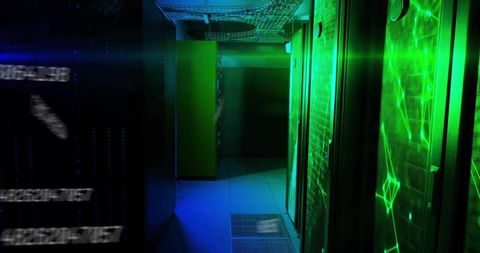 Server Rack with Green LED Signals in Dimly Lit Corridor
