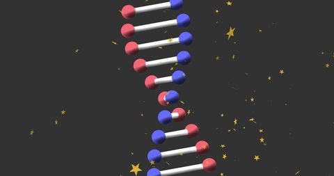 Spiraling dna double helix with red and blue nodes and floating gold stars