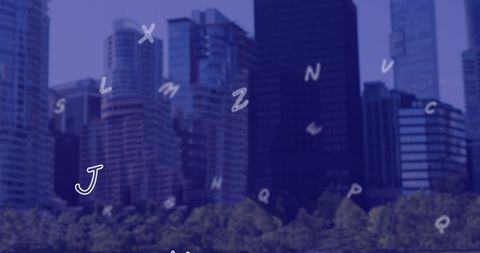Futuristic cityscape with falling letters overlay
