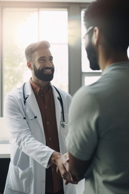 Doctor warmly greeting patient in bright medical office, showcasing friendliness and professionalism. Ideal for medical websites, healthcare blogs, or clinic marketing materials emphasizing patient care and doctor-patient relationships.