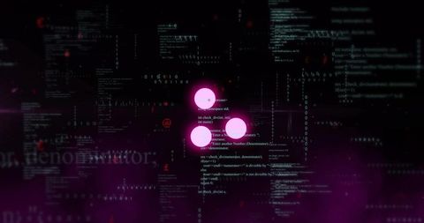 Three magenta orbs pulsing over streaming code with neon glow, abstract tech hud effects