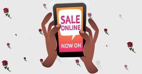 Smartphone displaying online sale notification with floral background