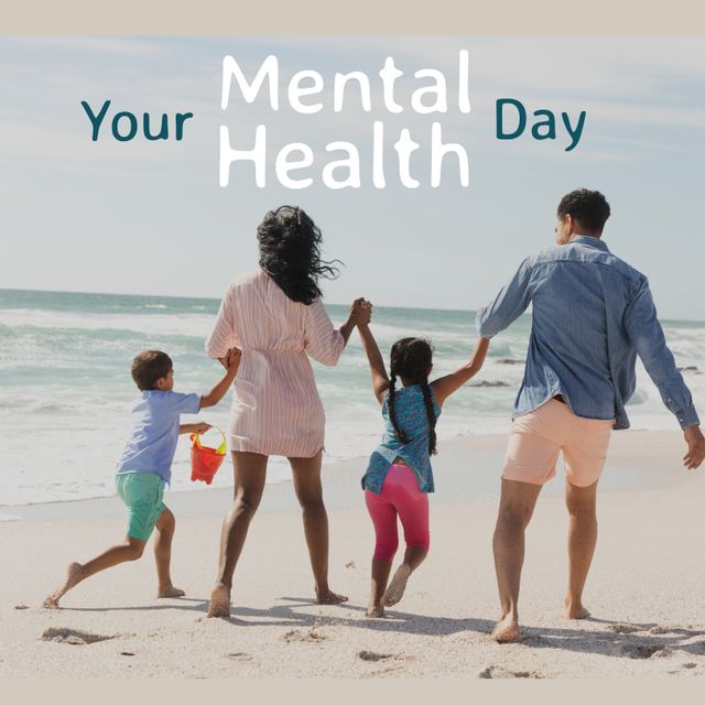 Digital composite image of multiracial family enjoying at beach with your mental health day text. Mental health education, awareness, advocacy against social stigma, support, family, togetherness.