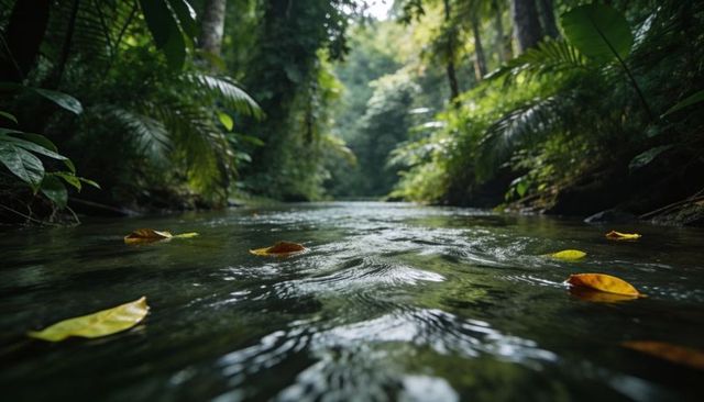 Flowing forest stream with floating yellow leaves and lush fern canopy