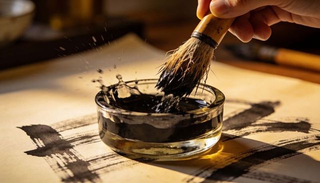Ink brush splash capturing calligraphy motion with natural bristle and bold strokes