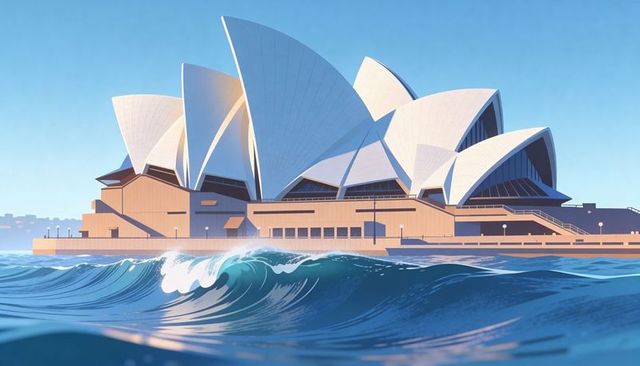 Sydney opera house waterfront with sunlit sail roofs and breaking wave, coastal landmark