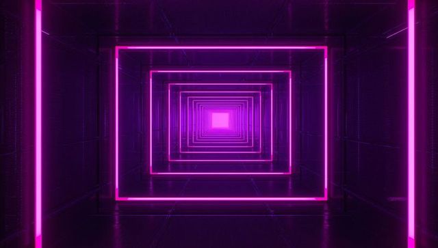 Glowing neon frames create futuristic sci-fi tunnel in magenta tone