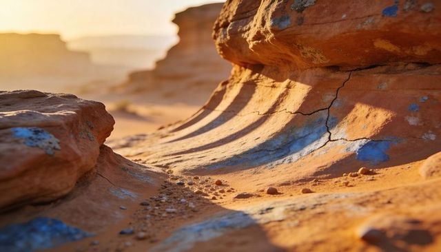 Sunlit curved sandstone shelf revealing blue-gray patina and pebble trail at golden hour