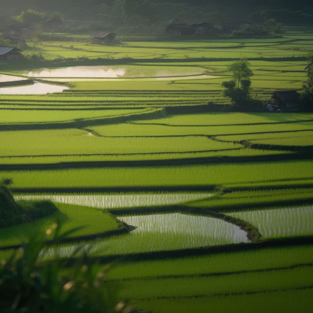 General view of green rice fields, created using generative ai technology. Rice fields and farming concept digitally generated image.