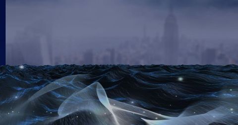 Surreal ocean waves overlaid on urban cityscape background
