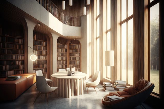 Interior of library with bookcases, table and big windows created using generative ai technology - Download Free Stock Photos Pikwizard.com