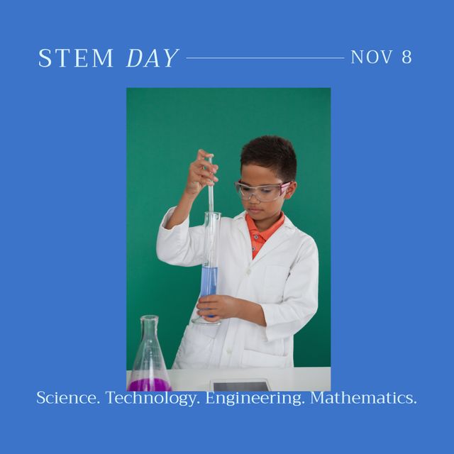 Composition of stem day text over african american boy in lab. Stem day and celebration concept digitally generated image.