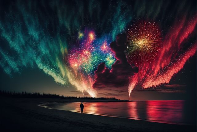 Person stands alone on beach at night watching colorful fireworks. Vibrant lights reflect on water and illuminate sky. Useful for themes of celebration, freedom, inspiration. Captures sense of awe and wonderment.