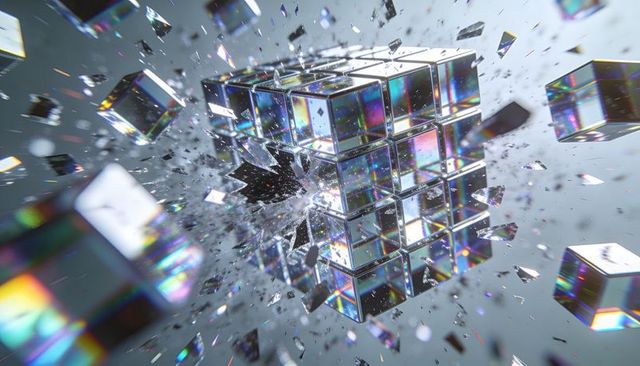 Prismatic crystal cube shattering into glass fragments with rainbow refraction