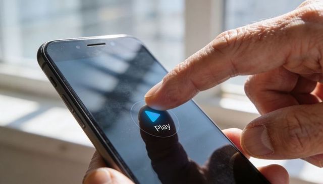Senior man tapping play icon on smartphone touchscreen with sunlight reflections